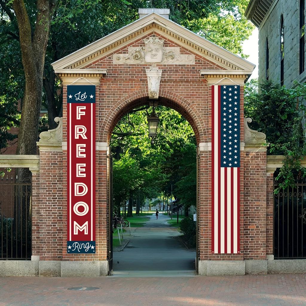 2PCS 4th of July Patriotic Decor – Hanging American Flags & Banners Set, Vibrant Red/White/Blue, Durable for Indoor & Outdoor Parties