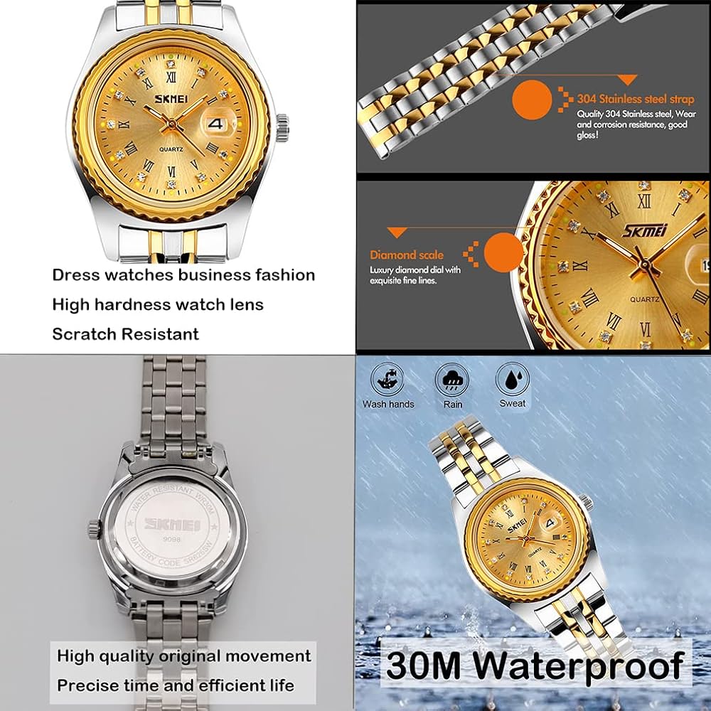 "Classic Women's Analog Quartz Watch Gold Silver Stainless Steel Waterproof Casual Simple Date"