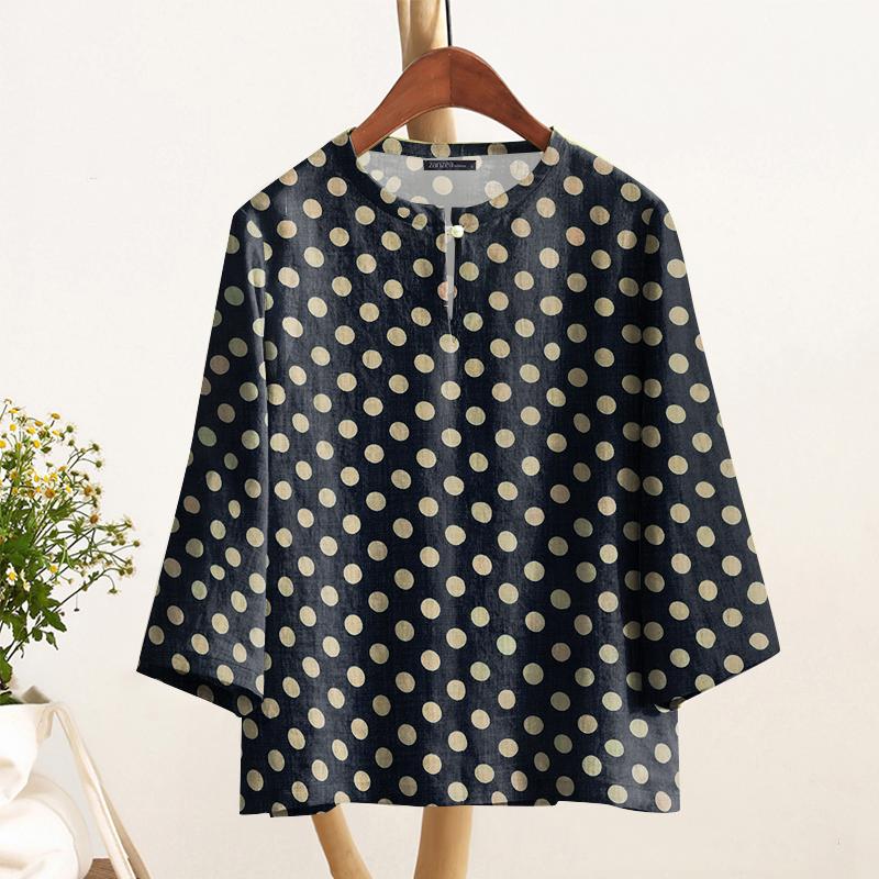 

ZANZEA Women Round Neck 3/4 Sleeve Loose Casual Polka Dot Print Blouse S темно-синий