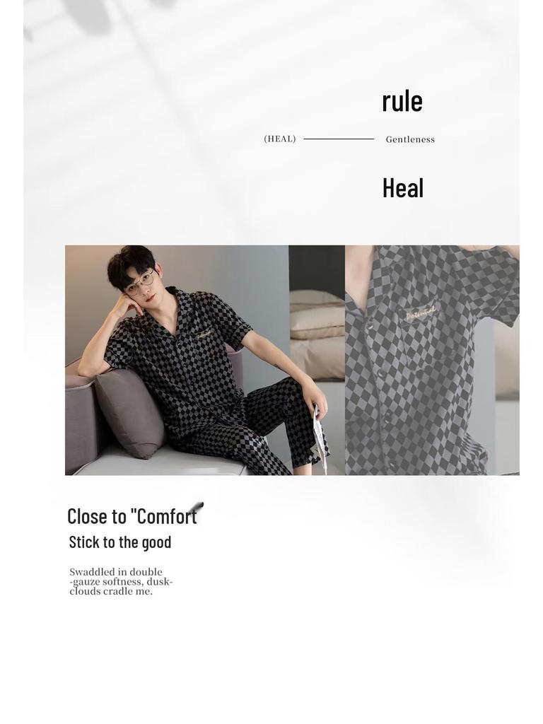 Men's Korean Style Summer Cotton Pajama Set - Short Sleeve & Pants, 3-Piece Casual Homewear.