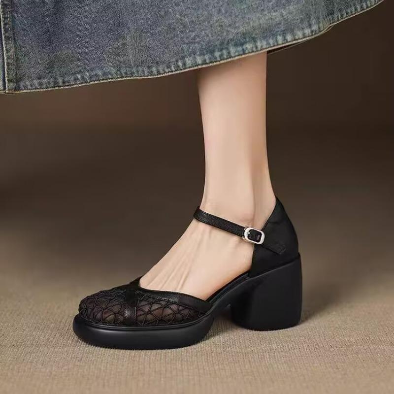 Fashion Cutout Mesh Wrapped Block Heel Sandals Women's New Summer Round Toe Shallow Mouth Platform Sole One-buckle Breathable High Heels