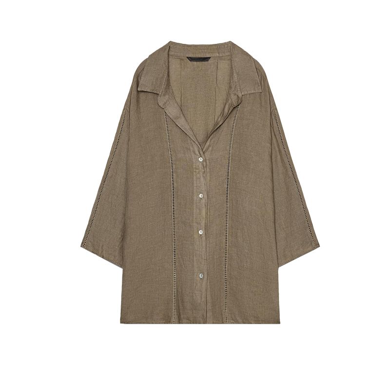 Linen Blend Long Sleeves V-neck Shirt 4043058 Lace Decoration Mid Waist Wide Leg Pants 4043059