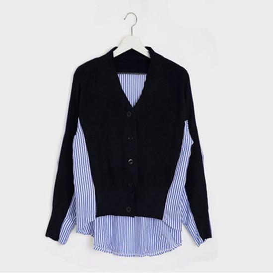 

Модная рубашка в стиле пэчворк, женский корейский повседневный свитер с v-образным вырезом и длинными рукавами, осень-зима, кардиган Blusa One Size чёрный