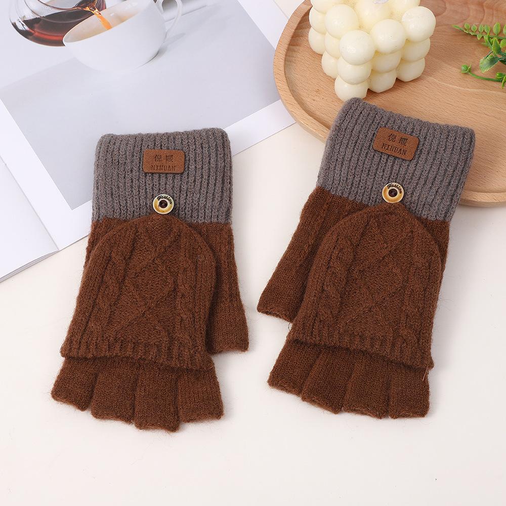 

2025 autumn new student gloves cashmere half finger flip gloves couple gloves knitted jacquard thermal gloves average size
