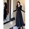 French temperament black long-sleeved dress women's autumn new waist and thin long bottom t-shirt skirt