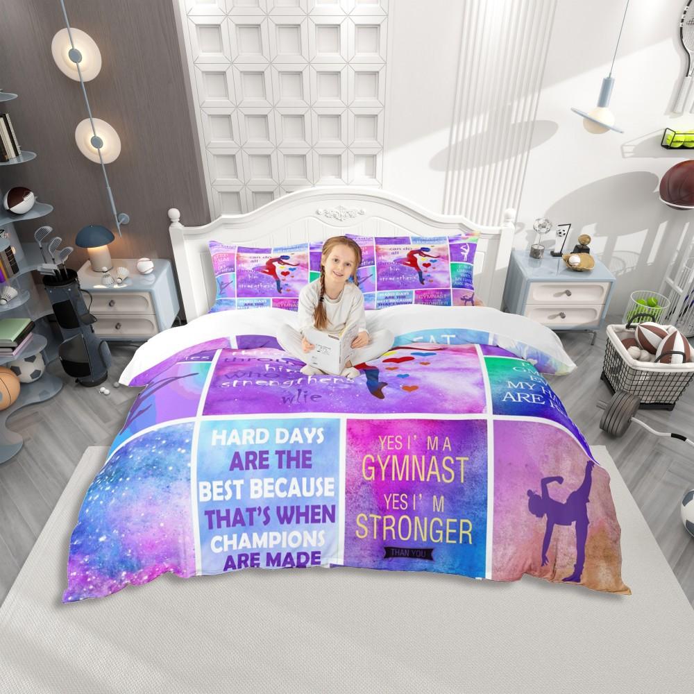 Homewish Girls Gymnastics Lover Duvet Cover Set,Green Pink Sequin Print Bedding Set,Cartoon Princess Print Bed Set
