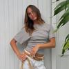 Q25TP400 Women's Slim-Fit Autumn Striped Round Neck Short Sleeve Top