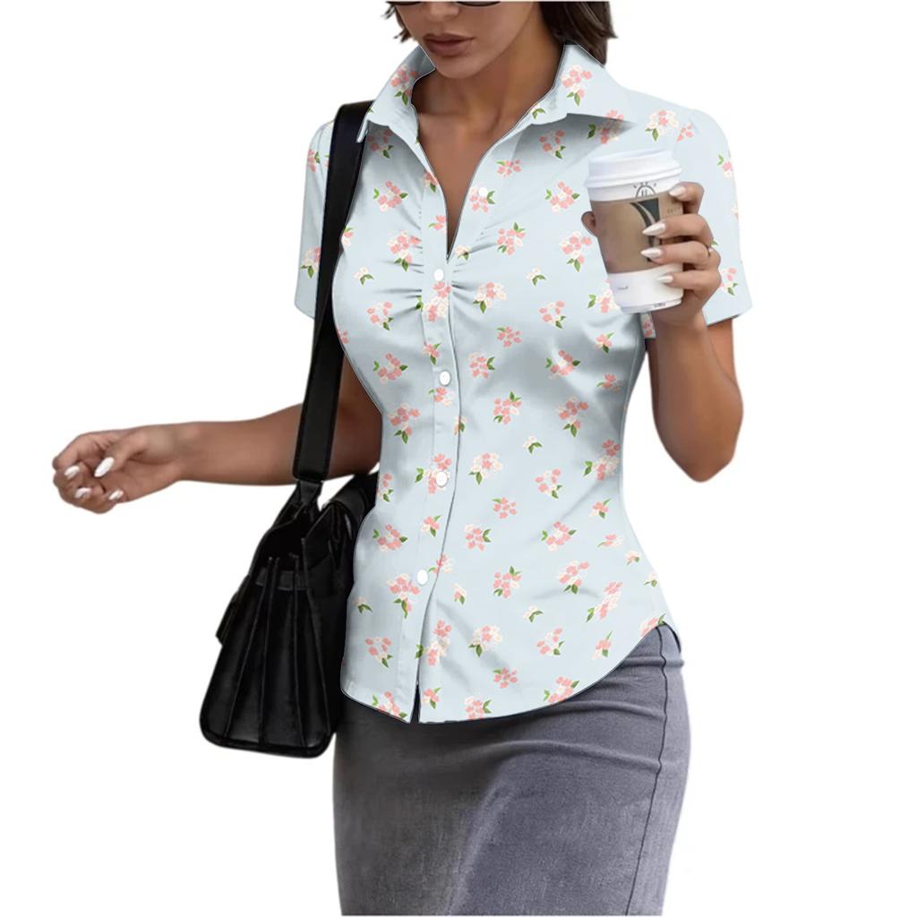 Damen Kurzarm Hemdbluse Slim Fit Knopfleiste Sommer Leichtes Bedrucktes Oberteil für Büro und Freizeit