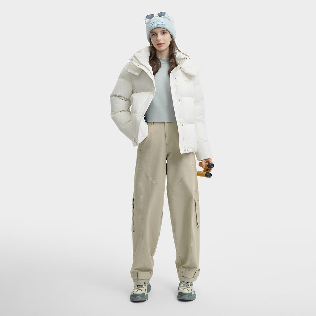 Fila Solid Color Simple Warm Comfortable Casual Hooded Long Sleeve Down Jacket Women Outerwear Vanilla-Gray F51W449902FGY