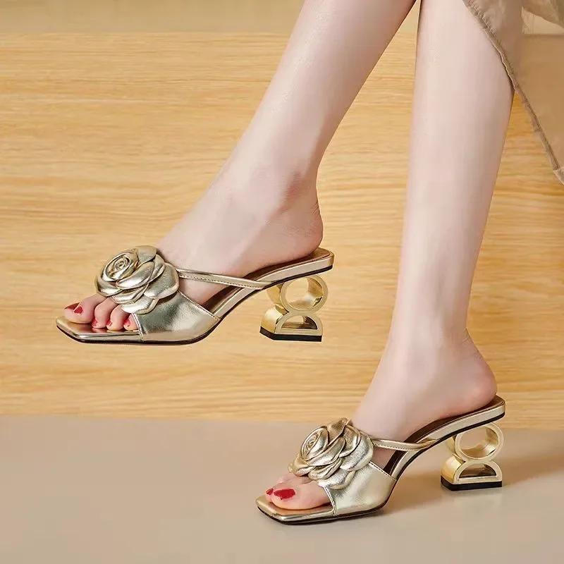 Fashion Elegant Floral Designer Sandals Women 2024 Summer New Women's Square Toe Slippers Fashion Wear Outside Ladies Modern Slippers