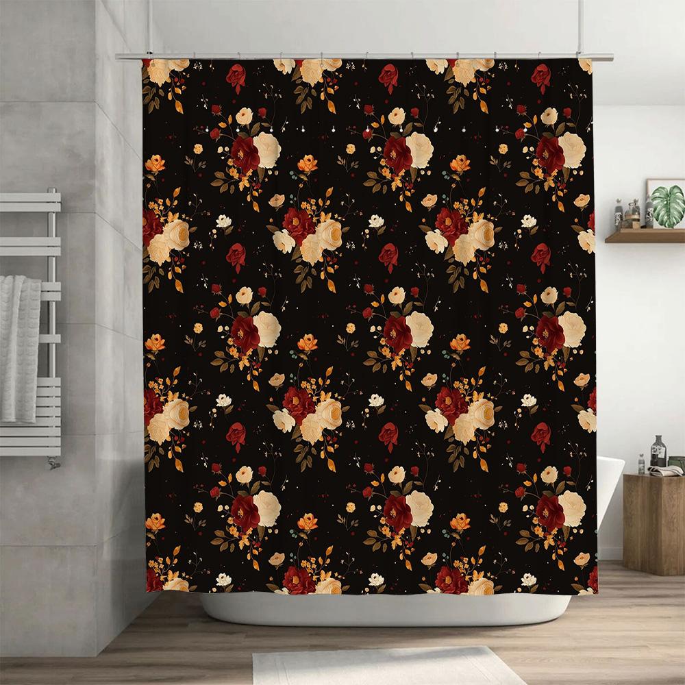 Delightful Floral Print Shower Curtain Dark Brown with Red Cream Blossoms 180 x 200cm Elegant Decor for Bathroom or Kitchen Prem
