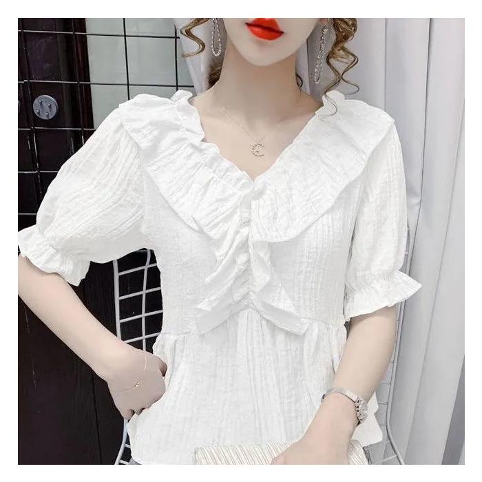 Women's Summer French V-neck Ruffle Puff Sleeve Top – Versatile and Fashionable