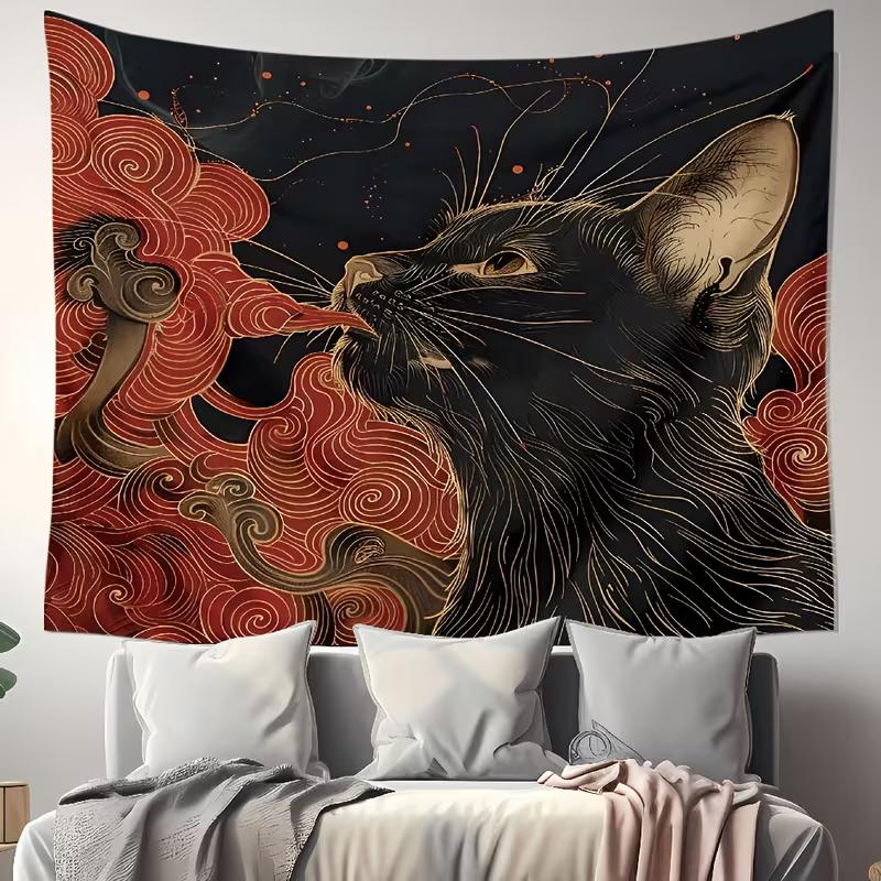 2D Mystische Schwarze Katze Wandteppich, Japanische Ästhetik Rote Wolken Wandkunst für Zuhause