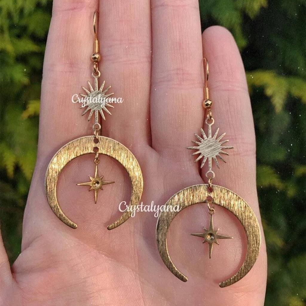 Bohemia Personality Gold Color Stainless Steel Sun Crescent Moon Star Dangle Earrings for Women Charm Jewelry Accessories Gift