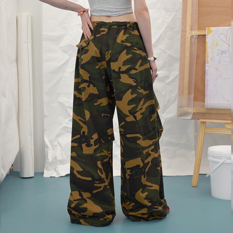 unifree American Retro Camo Print Loose Wide-Leg Casual Pants