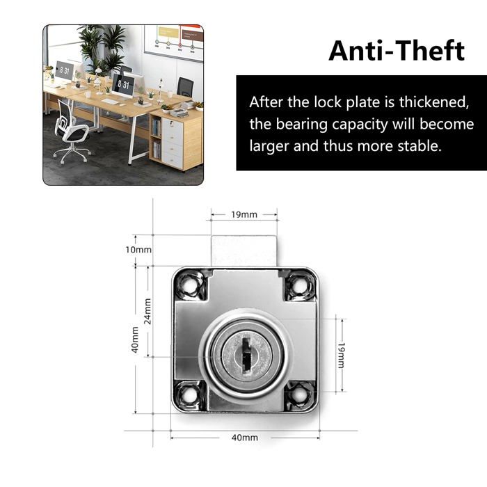 Serrure de meuble - fippy - verrou de sécurité - alliage de zinc - argenté - 4 clés incluses