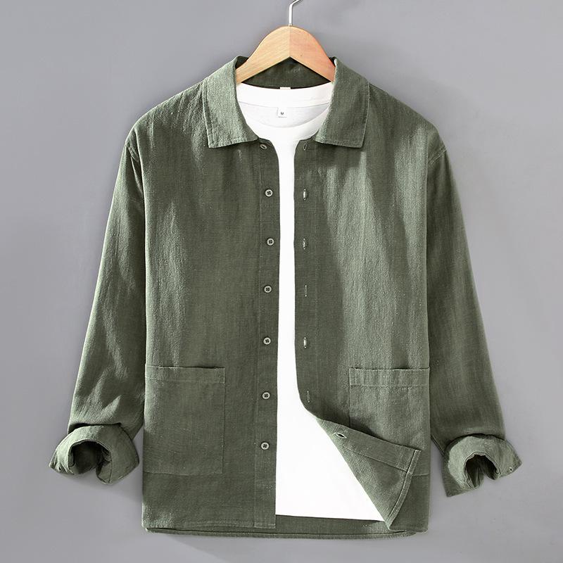 

Весенне-летние рубашки с длинным рукавом для мужчин, рубашка из хлопка рами в японском стиле, мужские повседневные топы с квадратными большими карманами, на каждый день M