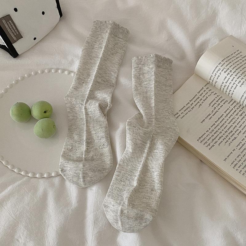 Lady Summer Thin Hollow Love Bow Pure Color All Build In The Tube Stack Socks