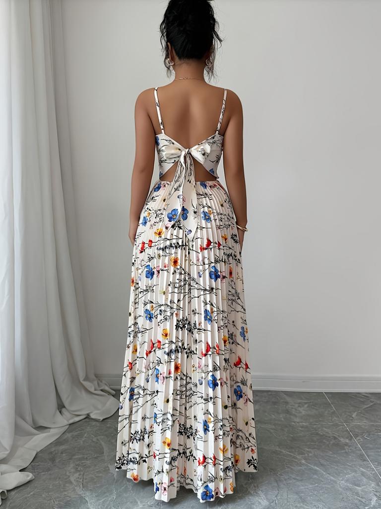 Ladies' Summer Floral Print Thin Shoulder Strap Pleated Large Swing Dress Elegant Vacation Suspender Dress