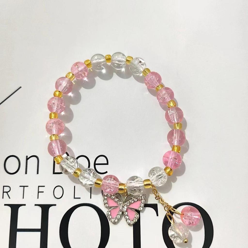 Forest Butterfly Glass Bracelet with Ice-Cracked Flower Beads