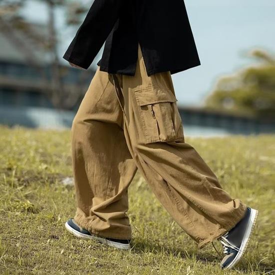 Men Cargo Pants Oversized Solid Color Vintage Style Corduroy High Street Style Straight Wide Leg Multi Pockets Streetwear Outdoor Travel Trousers