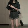 New Women's High-Waisted Denim Romper Shorts Set - Sweet & Cool Style for Petite Sizes