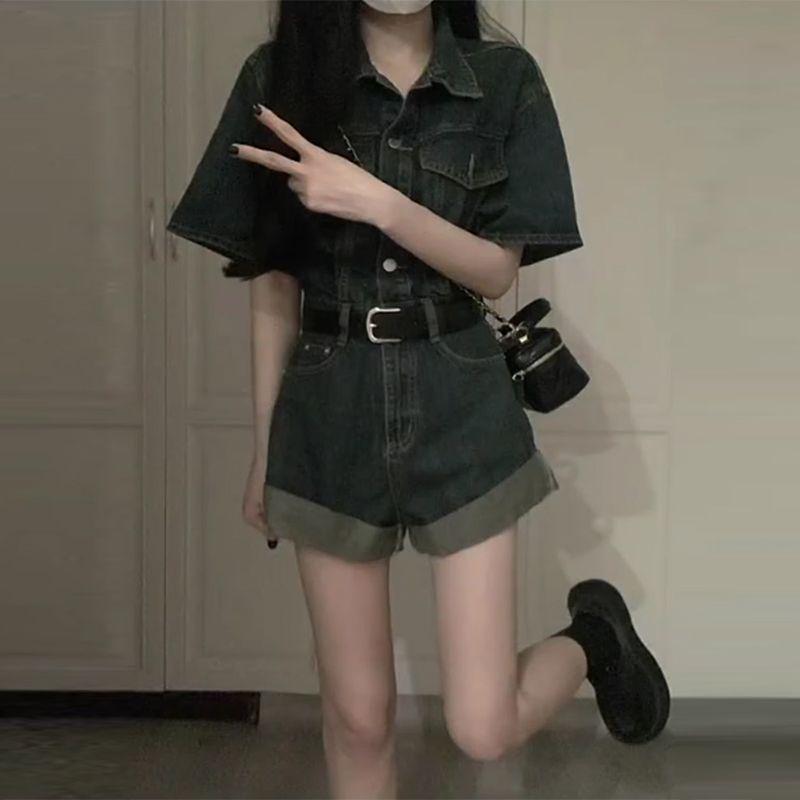New Women's High-Waisted Denim Romper Shorts Set - Sweet & Cool Style for Petite Sizes