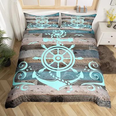 Anchor Nautical  King Queen Duvet Cover Vintage Plank Blue Bedding Set Camping Adventure Quilt Cover Polyester Comforter Cover