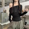 Autumn Winter Sexy Fashion Off the Shoulder Solid Waist Shirring Irregular T-shirt Women Long Sleeve Pullover Tee Top