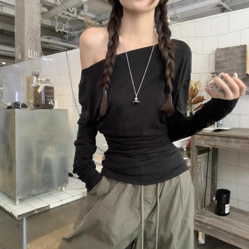Autumn Winter Sexy Fashion Off the Shoulder Solid Waist Shirring Irregular T-shirt Women Long Sleeve Pullover Tee Top