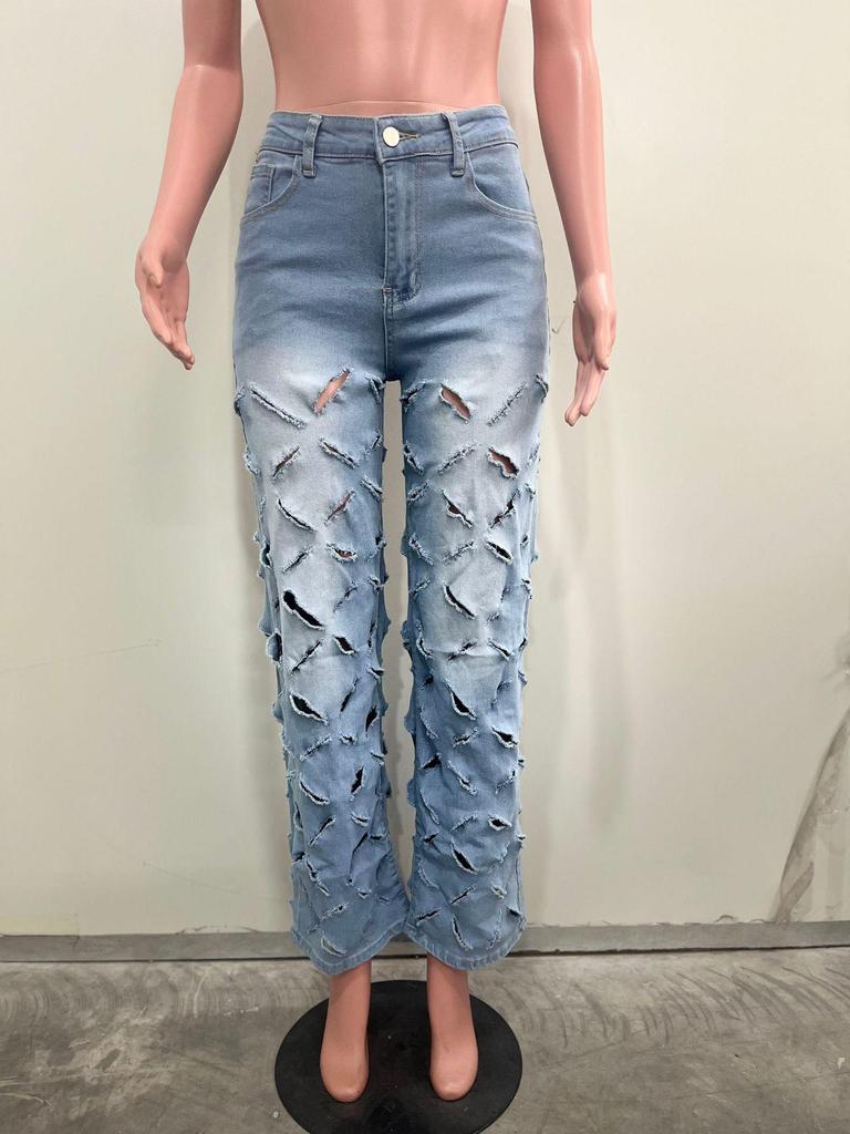 M-6202 European and American Spring/Summer Women's Fashionable Sexy Ripped Washed Denim Pants
