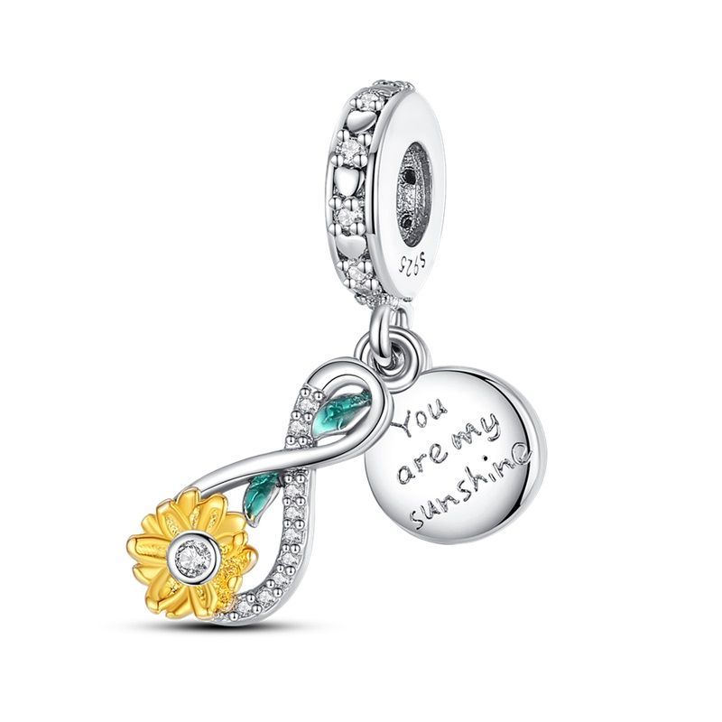 New 925 Silver Fashion Golden Sunflowers Heart Charms Beads Fit 925 Bracelets Luxury Party DIY Jewelry