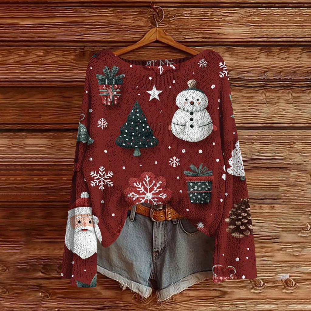 Women's Fashion Christmas Print Lightweight Sweater Casual Long-Sleeve Knit Pullover Top