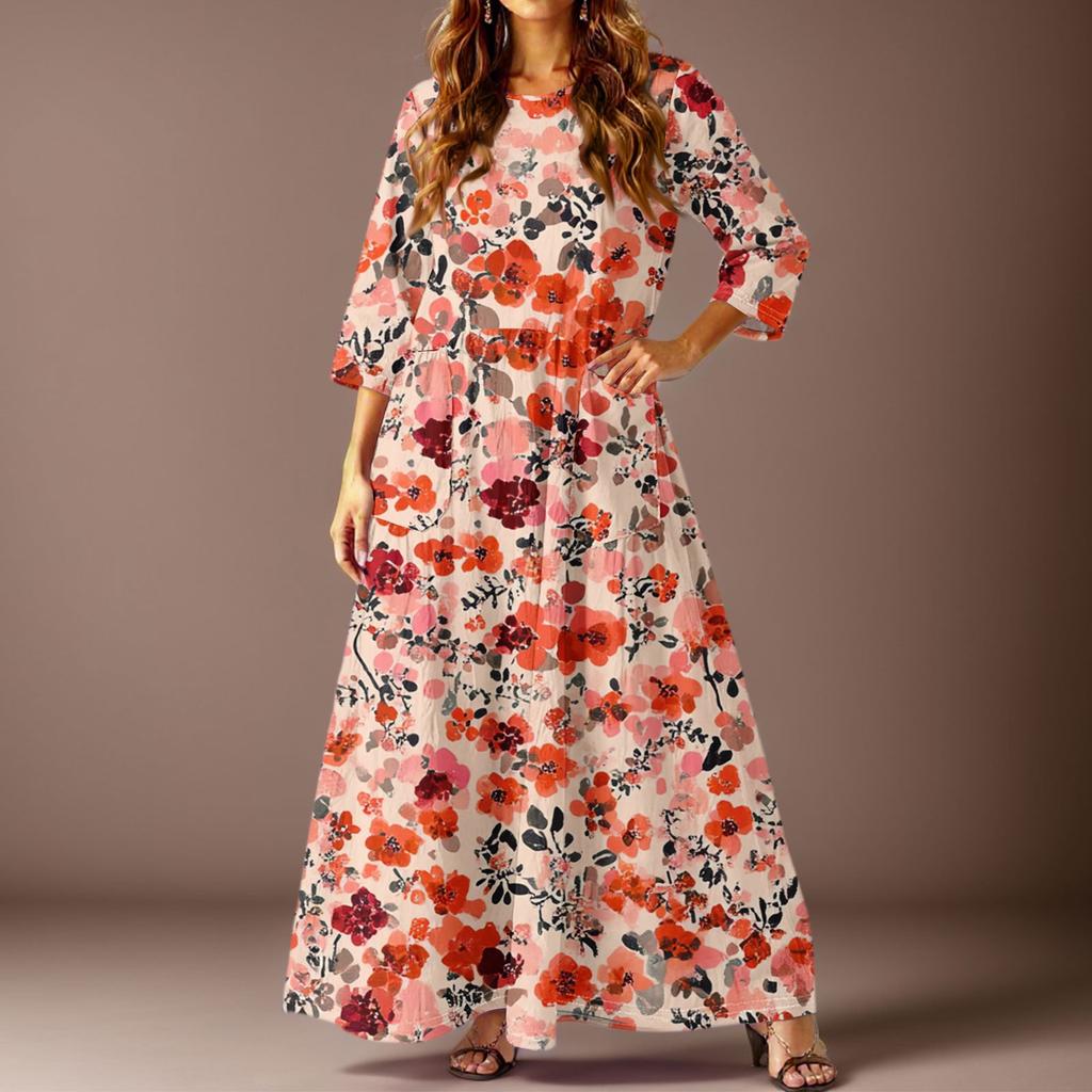 Damska codzienna sukienka midi z kwiatowym nadrukiem, z rękawami trzy czwarte i kieszeniami