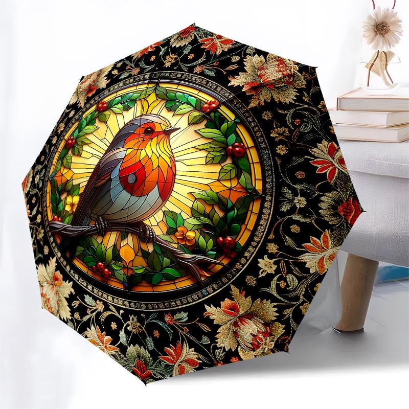 Color Retro BirdThemed Automatic Opening and Closing Umbrella - 8 Ribs, Suitable for Leisure and Going Out, Outdoor Accessory, Gothic Style,