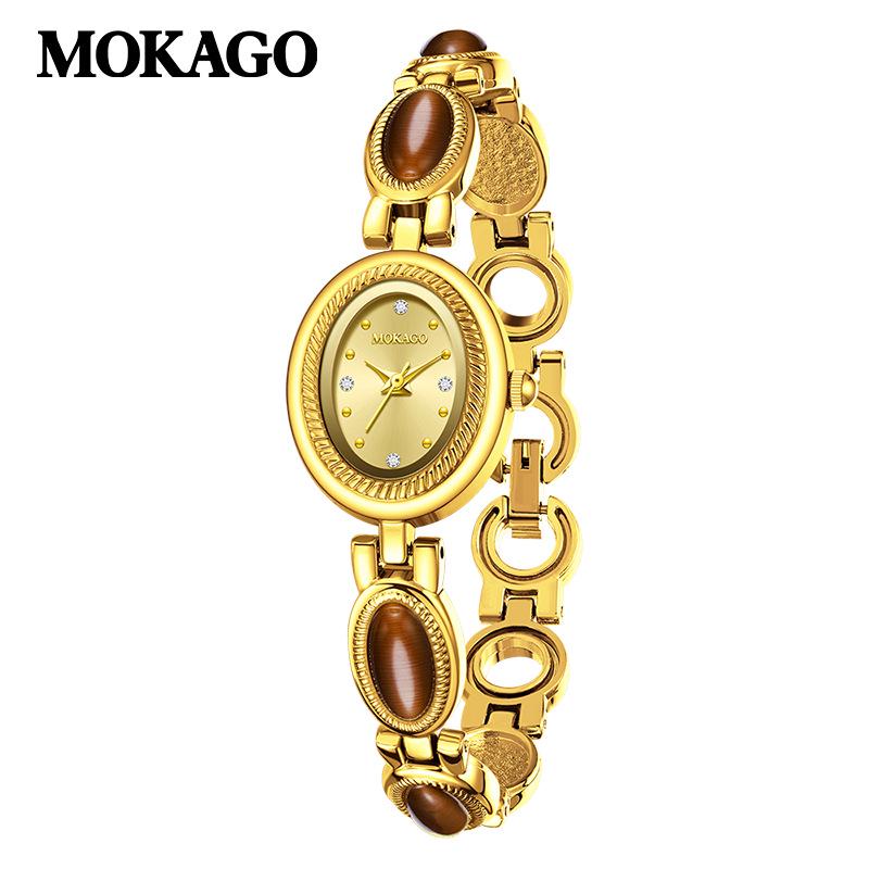 Mokaga Vintage Women's Quartz Watch - High Retro Tiger Eye Chalcedony with Light Luxury Waterproof Design