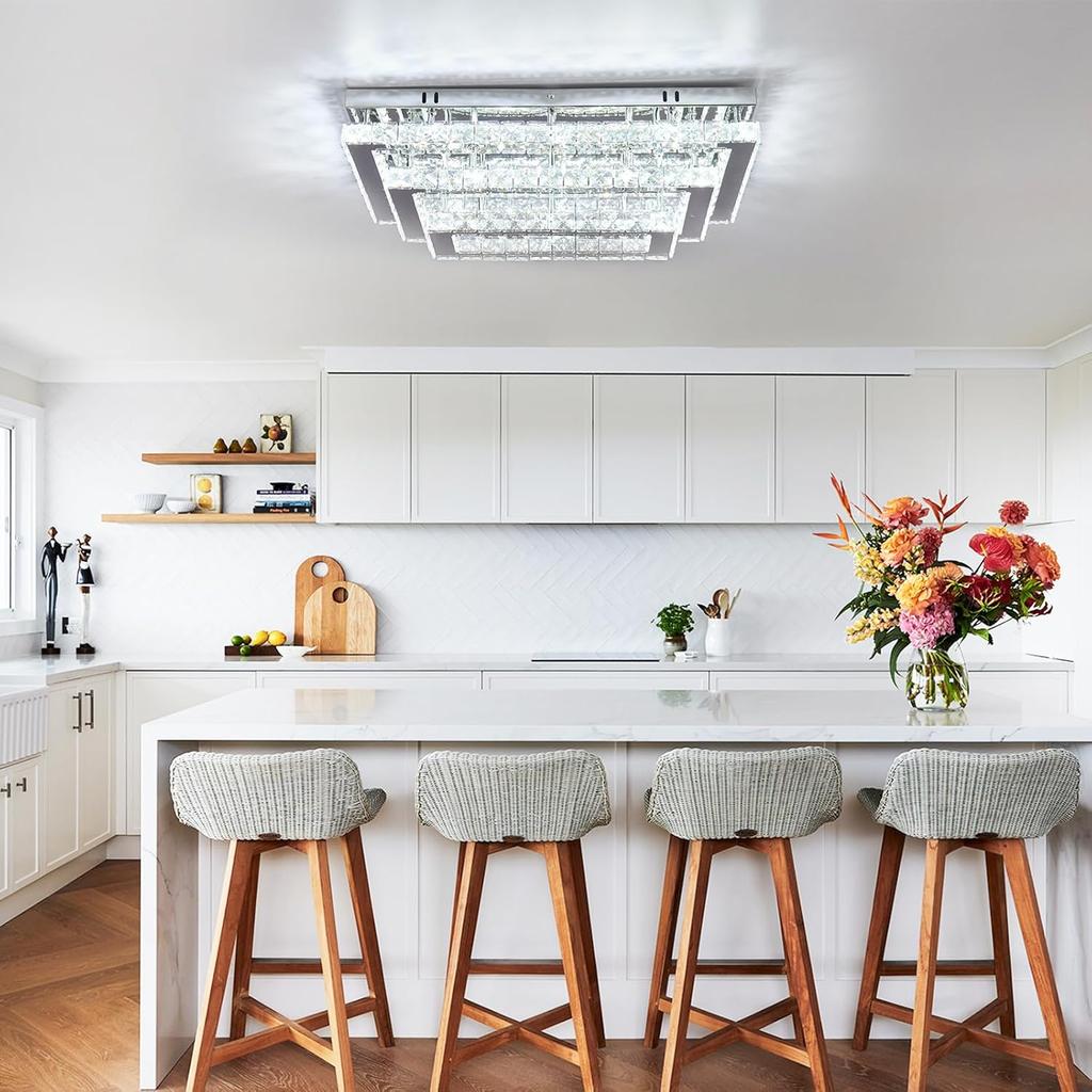 20.07'' Indoor K9 Crystal LED Square Ceiling Light Fixture 3-Tier Rectangular Flush Mounted Chandelier with Switch