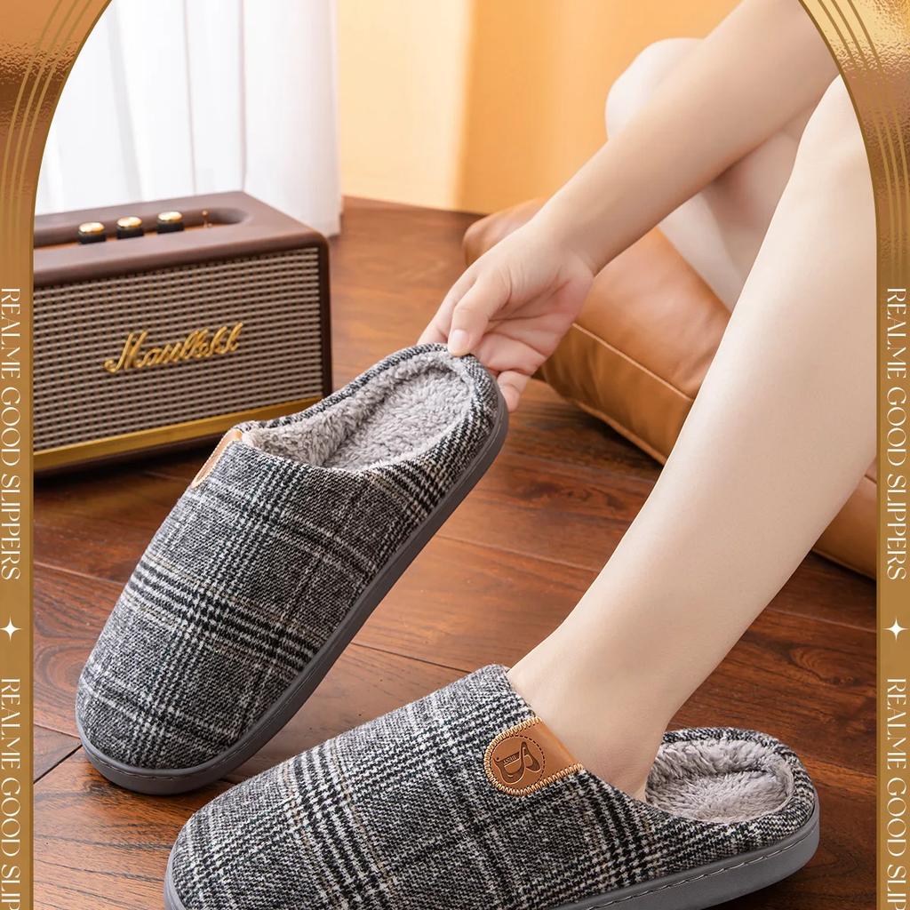 Fashion Plaid House Slipper Male Men  Plus Large Size Thermal Winter Warm Fuzzy Fur Contton Plush Non Slip Indoor Lazy Home Shoe Flat
