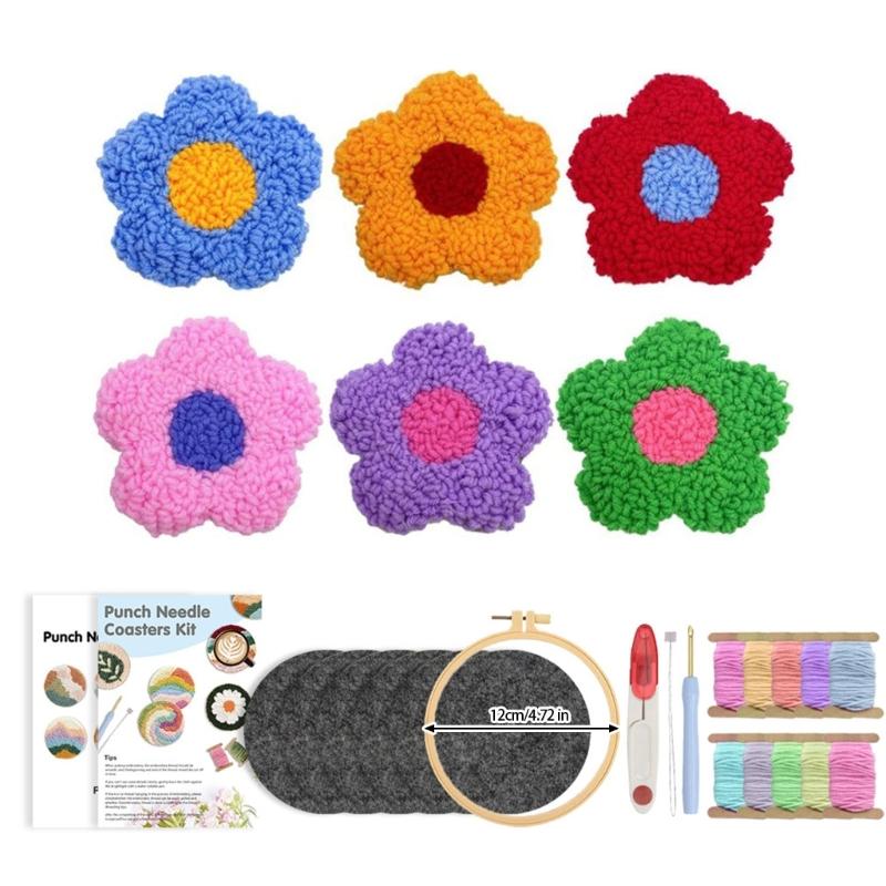 Punch Needle Embroidery Set With 6 Florals Coasters Pattern and Reusable Tool for Child Adults
