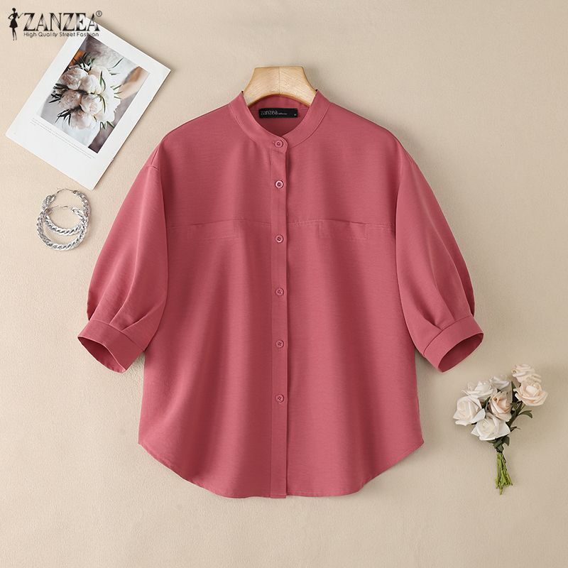ZANZEA Women Casual Stand Collar Solid Color Half Sleeve Blouse