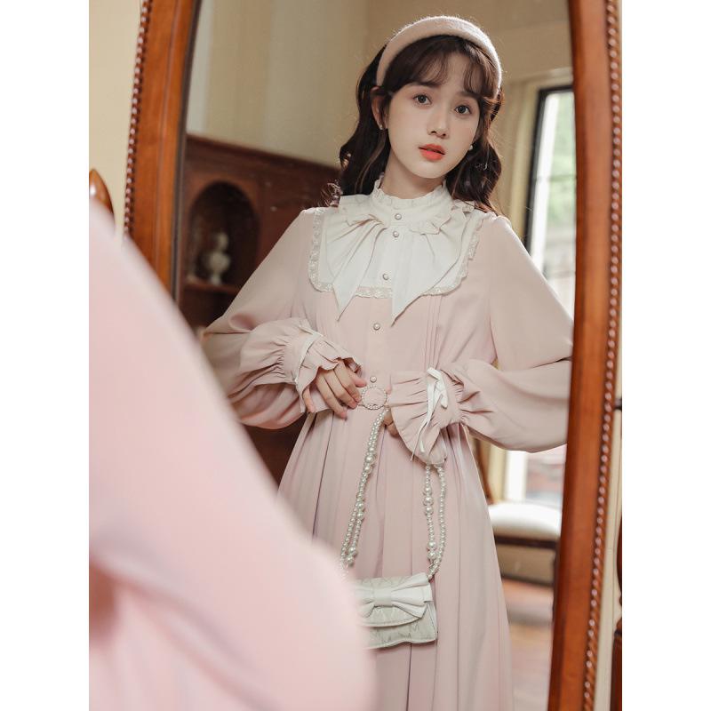 

Women s Elegant French Pink Dress with Stand-up Collar and Cinched Waist - High-End Princess Style 2026. Large
