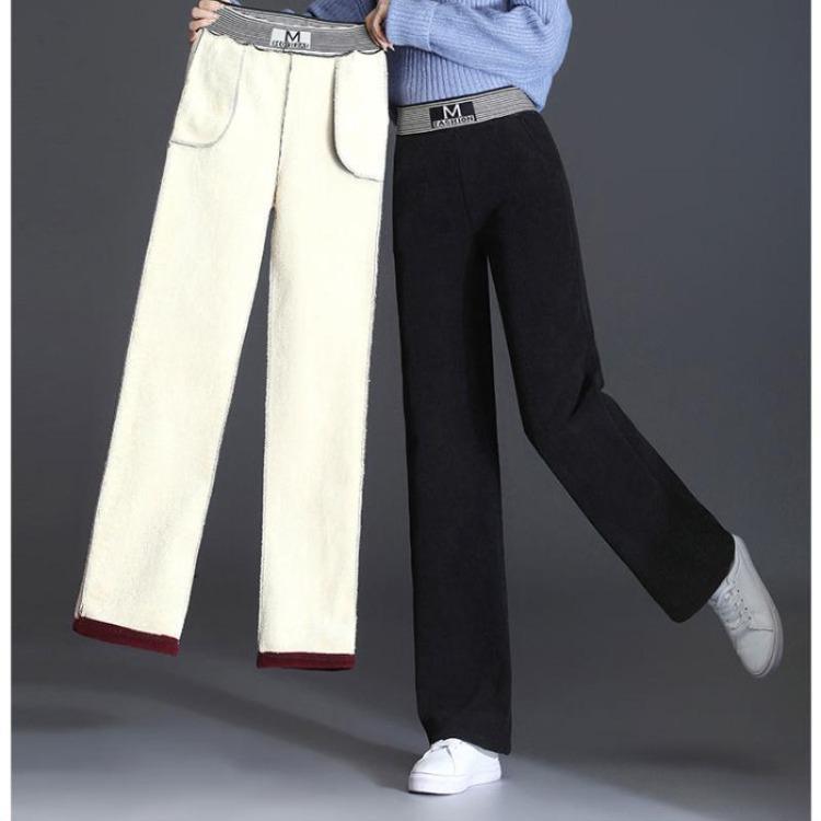 Women's High Waist Velvet Warm Wide Leg Pants Loose Straight Trousers Thickened Bottom Fashion Plus Size Autumn Winter