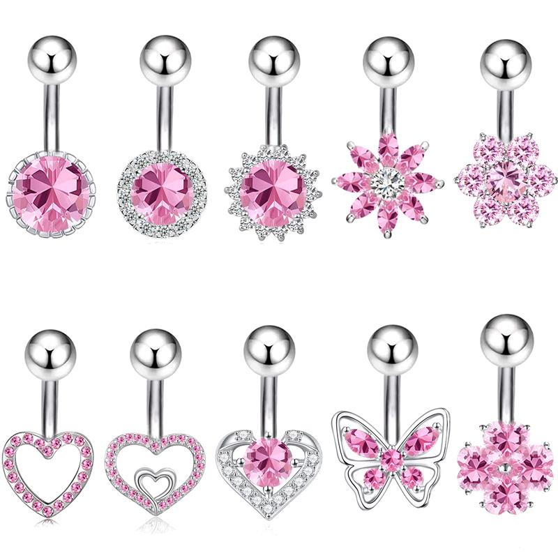Fashion Sexy Pink Zircon Heart Belly Button Rings For Women Girls Stainless Steel Heart Navel Piercing Barbell Cute Belly Rings