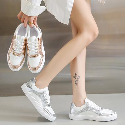 Fashion Sneaker Metal Color Casual Vulcanized Sport Shoes Fashion White Shoe for Woman Flats Shoes Summer Breathable Shoes Women