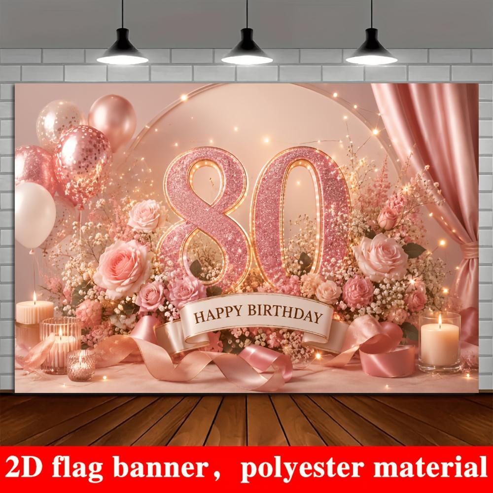 80th Birthday Party Banner Backdrop Rose Pink Polyester Photo Wall Decor