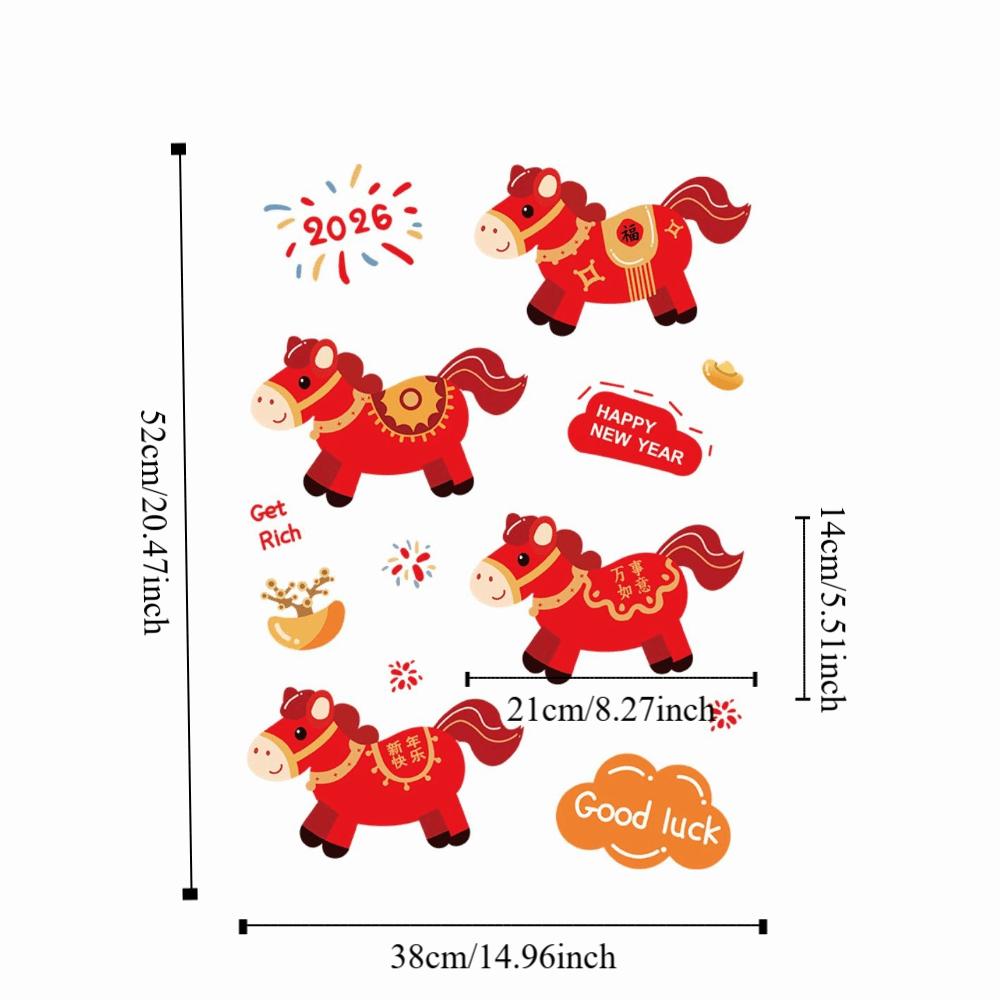 Red New Year Window Stickers Large Size Waterproof Glass Electrostatic Film Transparent Funny 2026 Horse Year Stickers