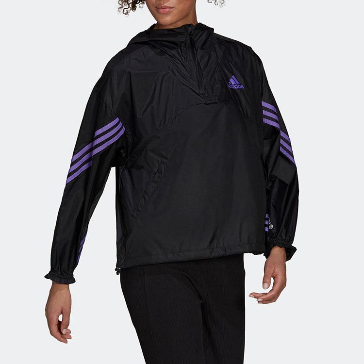 adidas Striped Half-Zip Packable Sports Hooded Jacket Women Jackets Black H65722
