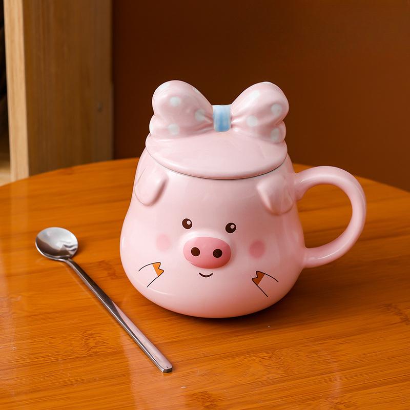Creative Ceramic Mug Cute Pig Pink Girl Heart Cartoon Cup with Lid Spoon Water Cup Breakfast Cup Coffee Cup