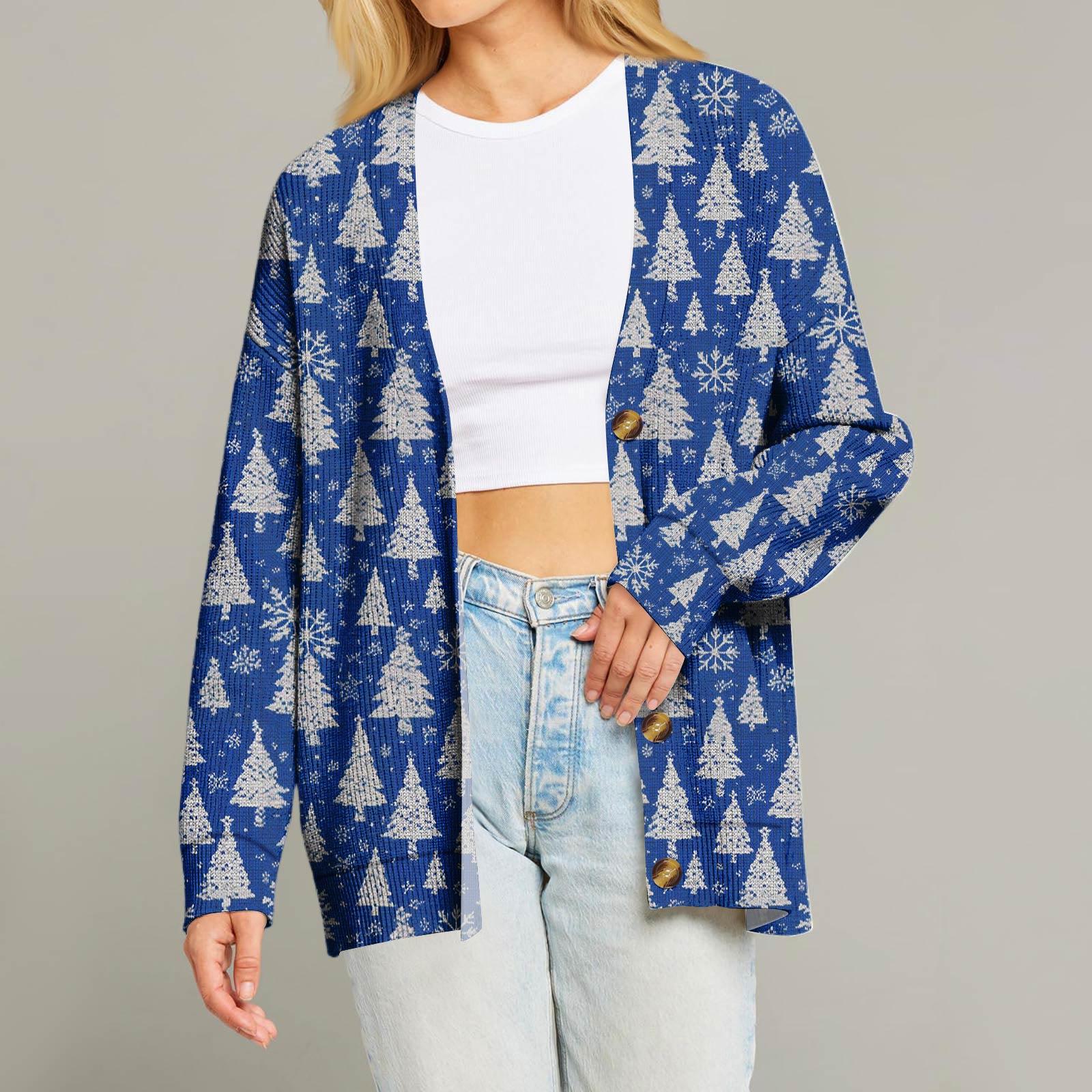 

Женский модный кардиган с длинным рукавом, V-образным вырезом, на пуговицах, свободного кроя, с рождественским принтом M