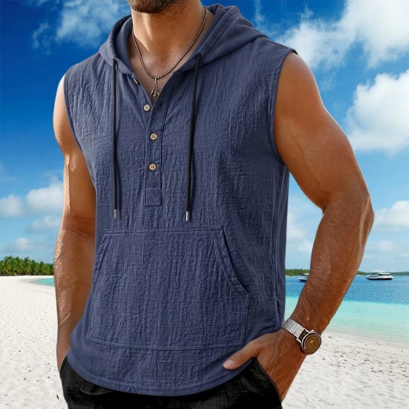 Men's White Linen-Look Sleeveless Hoodie Henley Neck Tank Top with Kangaroo Pocket